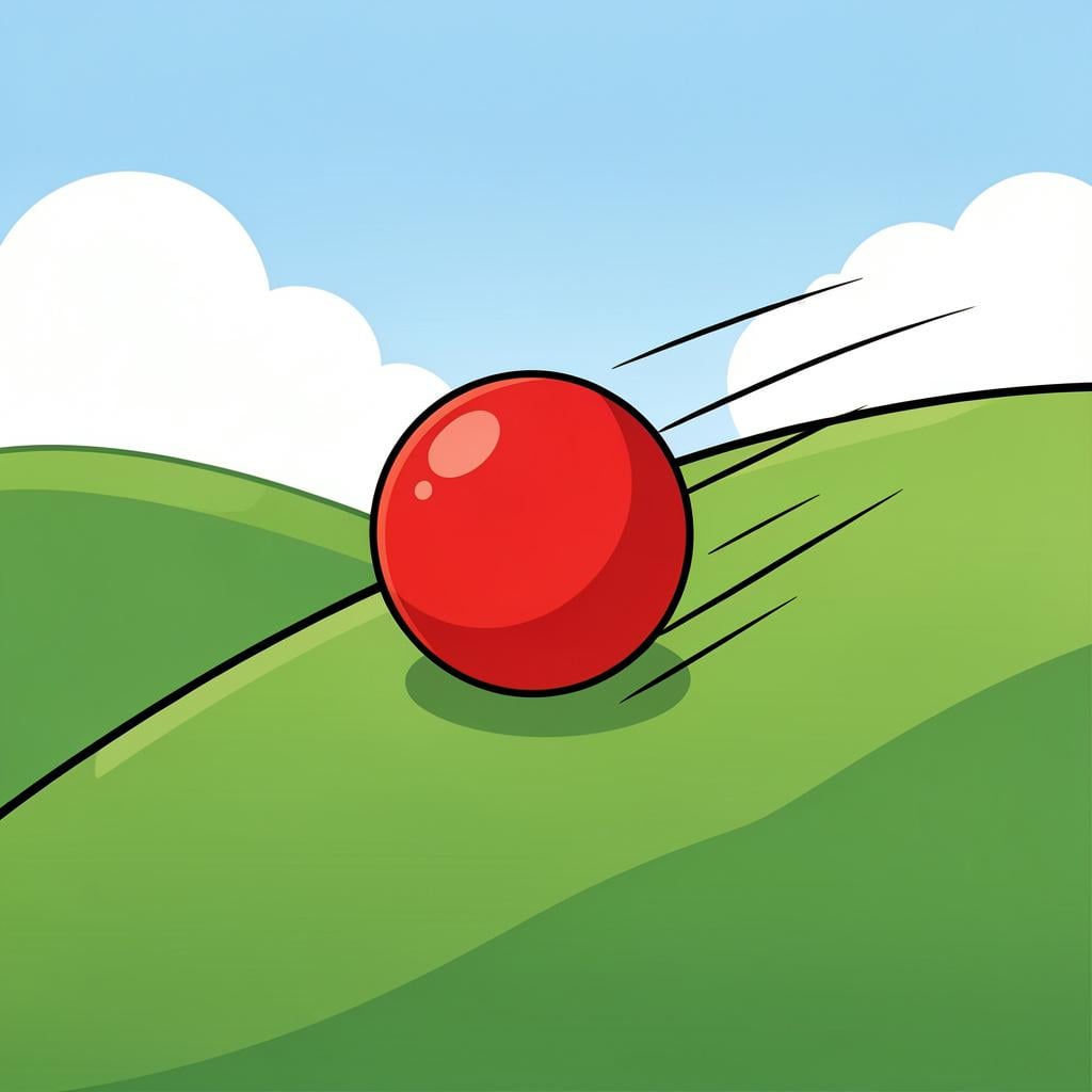 A colorful red ball rolling down a gentle green grassy hill.