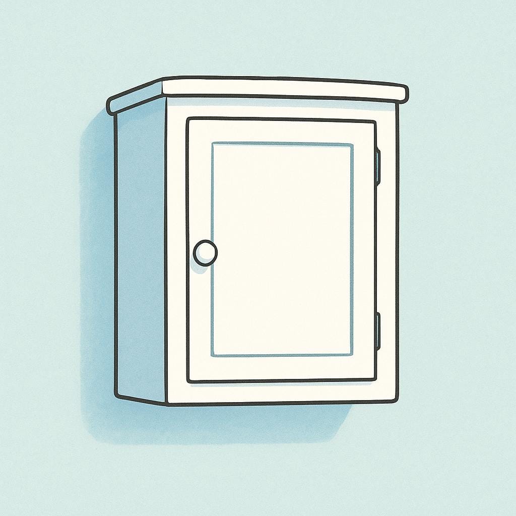 A white cabinet mounted high on a kitchen wall, serving as general storage for dishes or food items, commonly known as a cupboard.