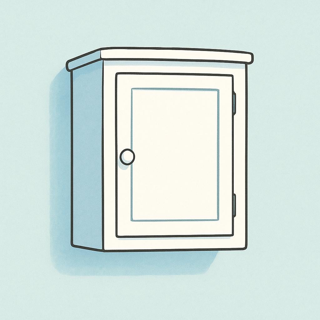 A white cabinet mounted high on a kitchen wall, serving as general storage for dishes or food items, commonly known as a cupboard.