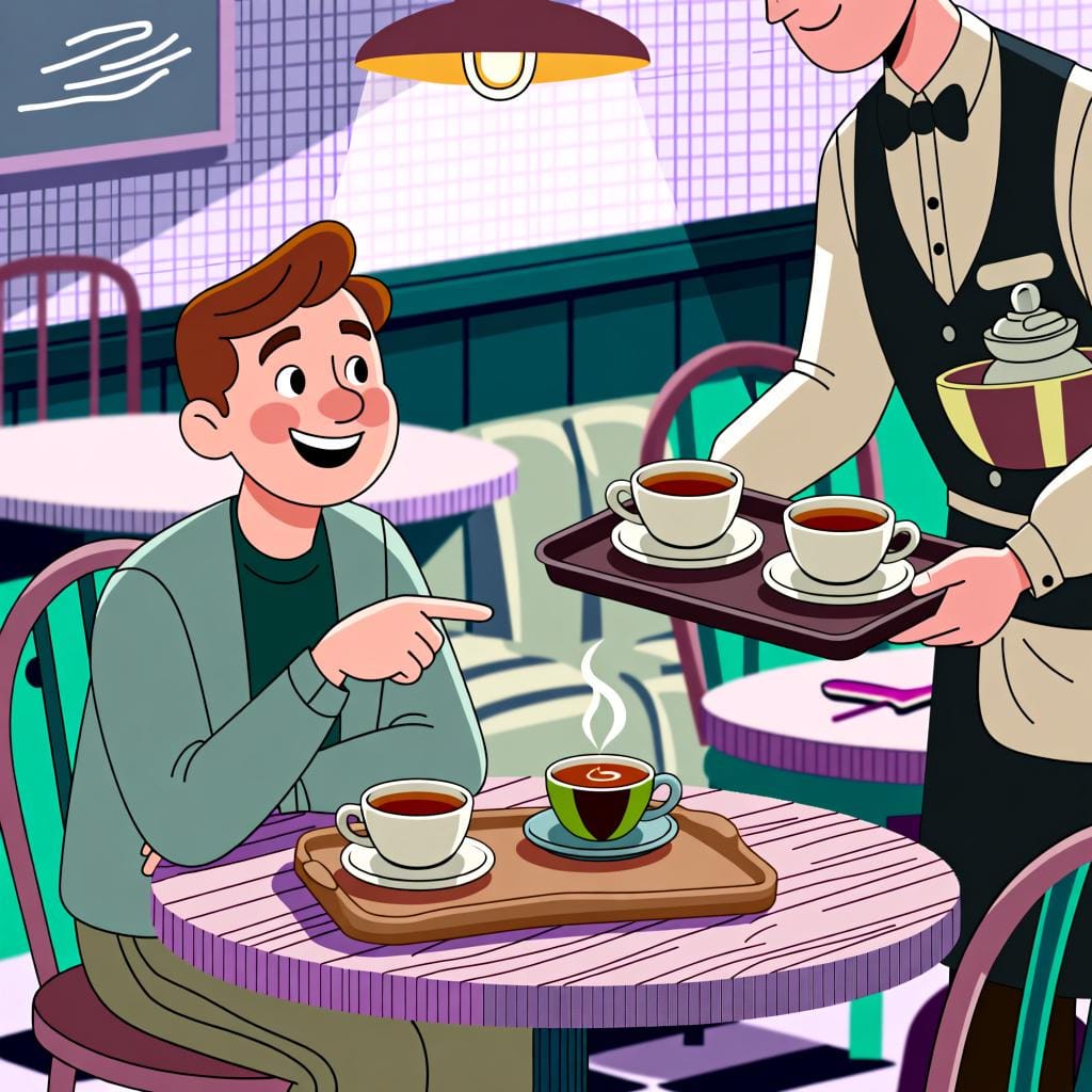 A person at a cafe table is shown two identical cups of tea; they are pointing to a third, different-looking cup on a tray, indicating a preference for that one.