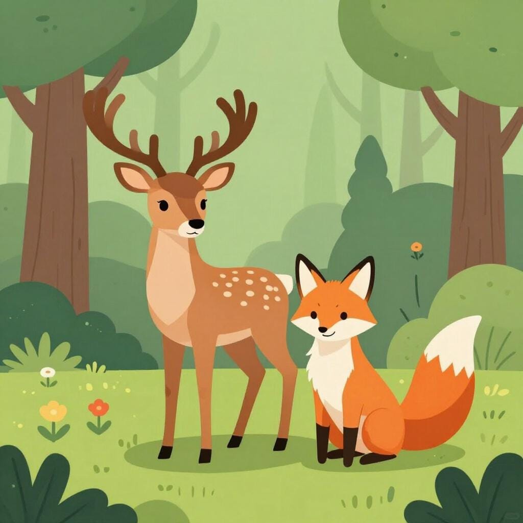 A diverse group of wild animals including a deer, a fox, and a bird in a lush forest clearing.