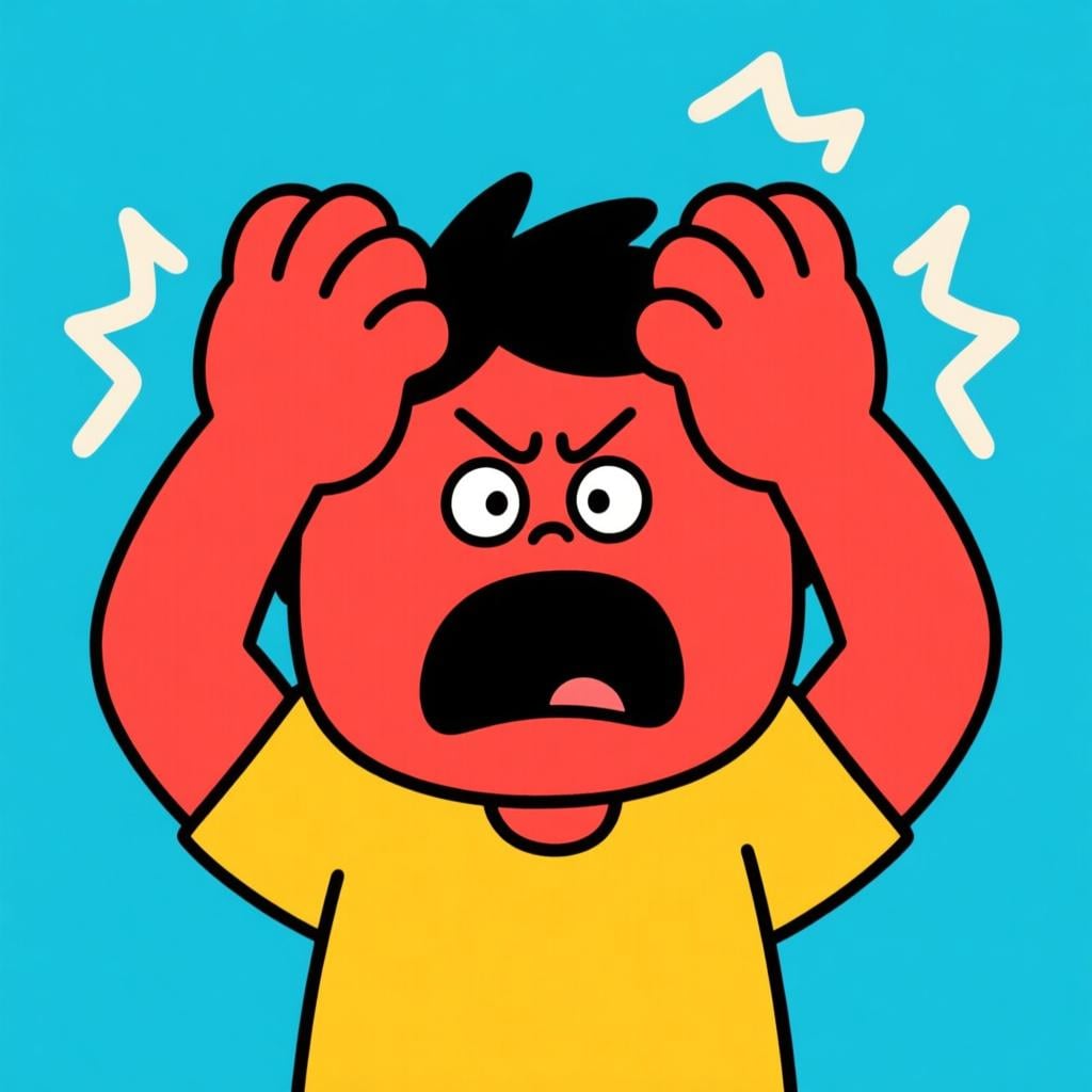 A cartoon character with a bright red face expressing dramatic frustration, gripping their head with both hands in shock or anger.