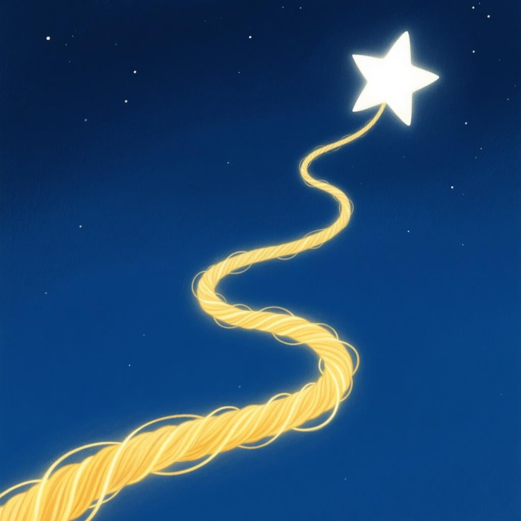 Un seul fil doré illuminé s'enroulant vers le haut à travers un ciel bleu foncé vers une étoile blanche lointaine et vive, représentant un chemin inévitable.