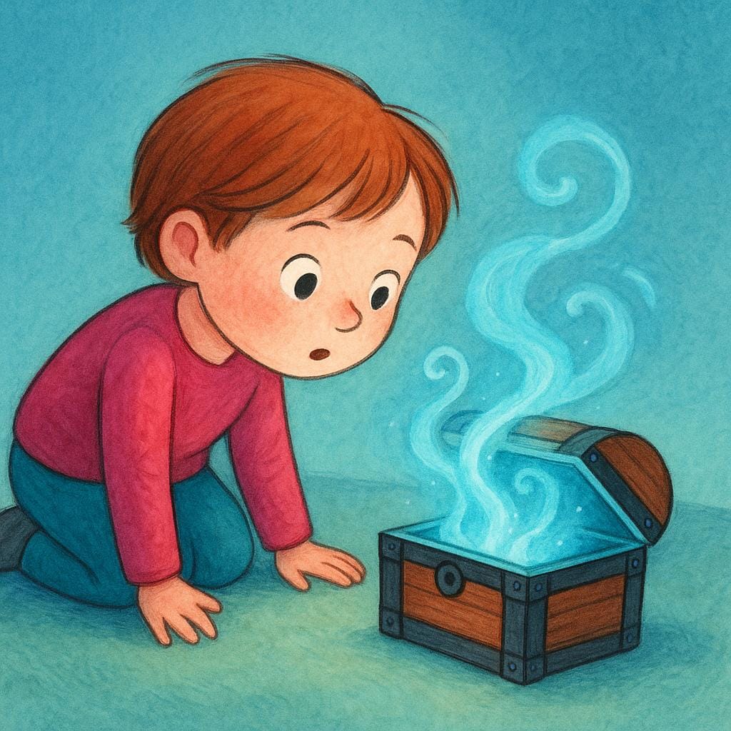 A curious child peering into a slightly ajar, ornate wooden box, the interior of which is completely dark and obscured by wisps of fog, representing something unknown.