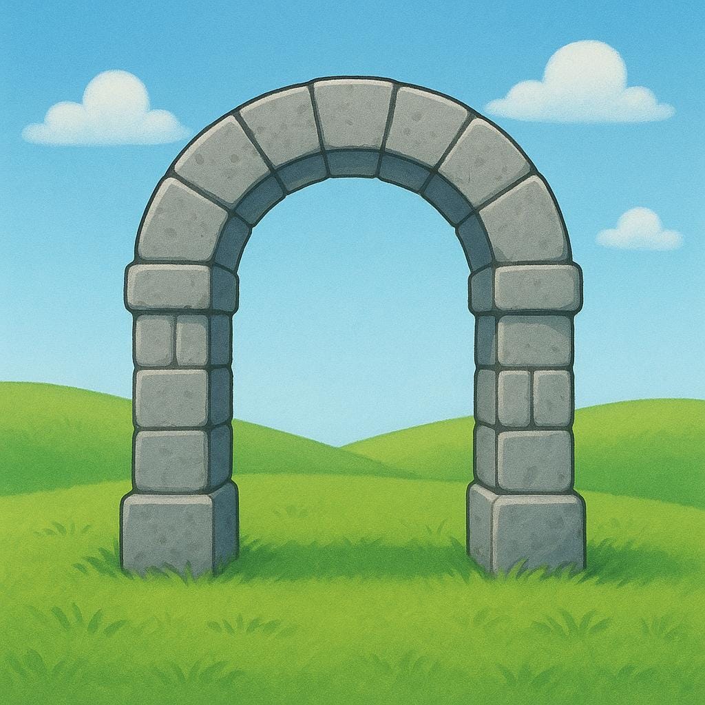 A simple, sturdy stone architectural archway built from large, light-colored blocks, standing on green ground.