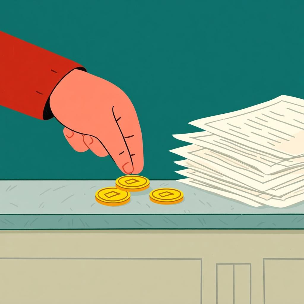 A hand placing coins on a counter next to official-looking documents, representing the payment of a fee or duty.