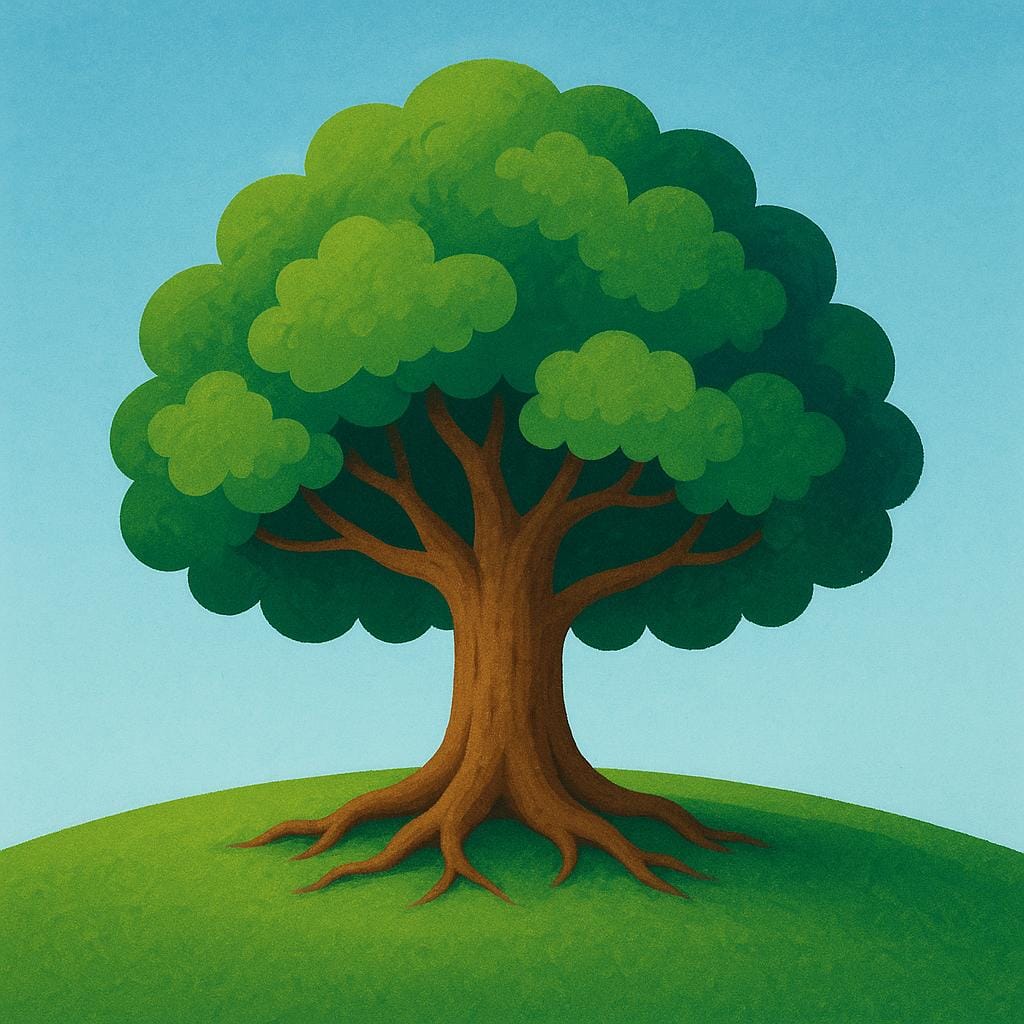 Un grande albero di quercia antico con radici profonde e rami espansi, che domina la scena, a rappresentare la sua natura essenziale.