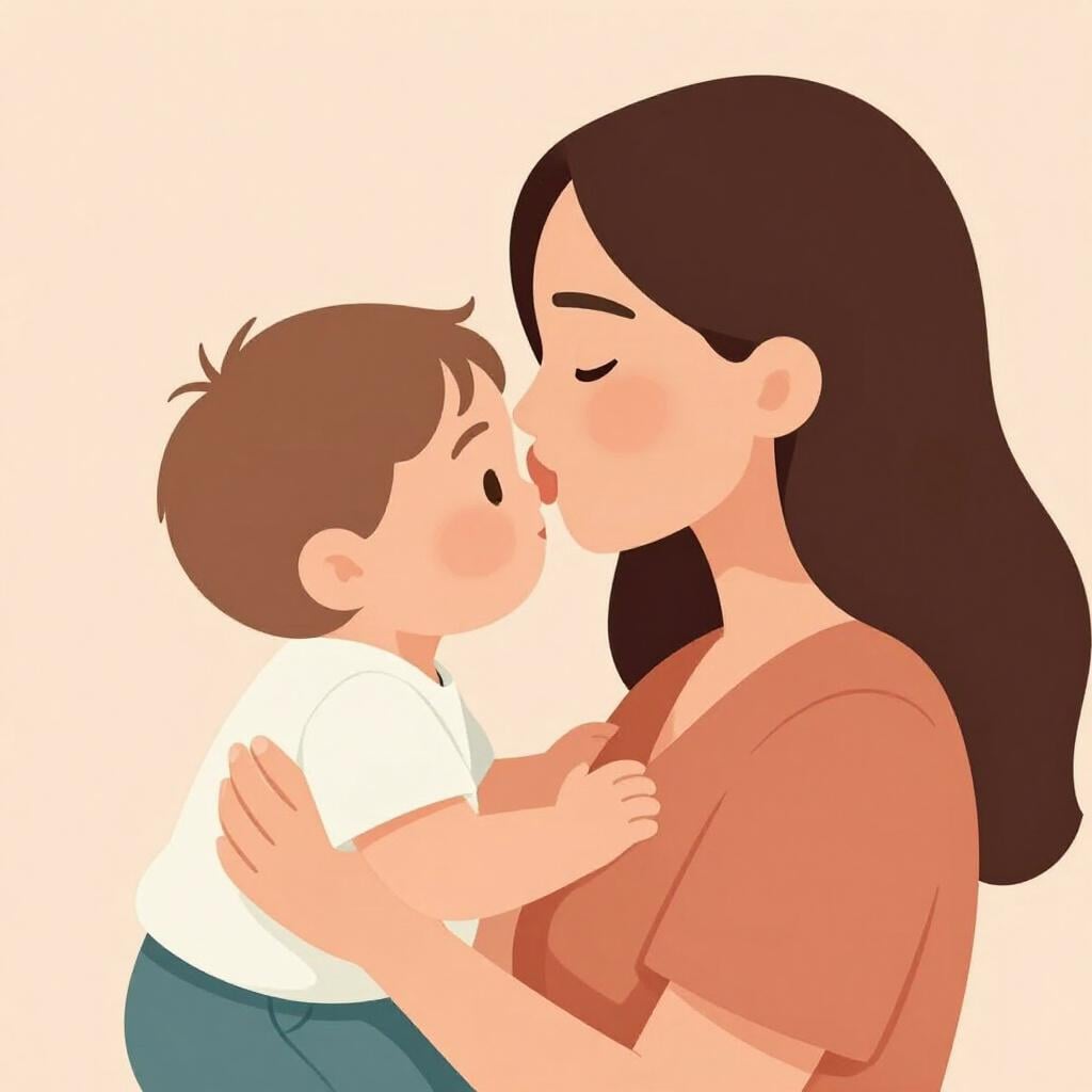A happy mother kissing her child's forehead in a warm, loving scene.