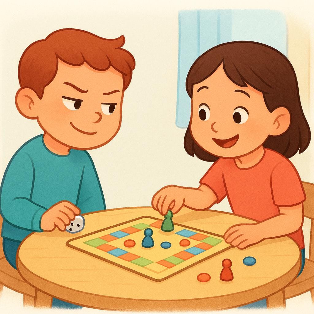 Two children playing a board game. One child is discreetly hiding a die in their hand under the table while looking around mischievously.