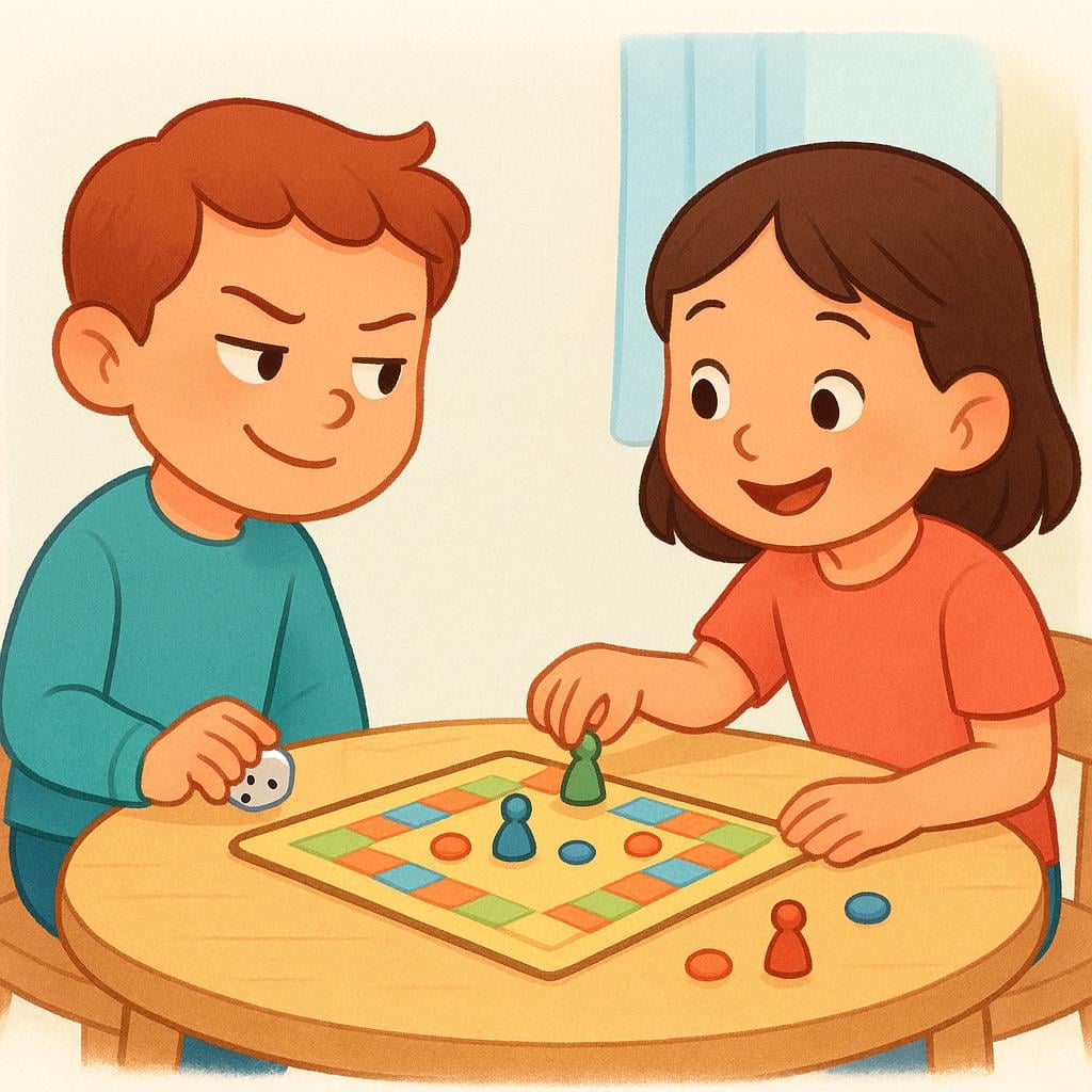 Two children playing a board game. One child is discreetly hiding a die in their hand under the table while looking around mischievously.