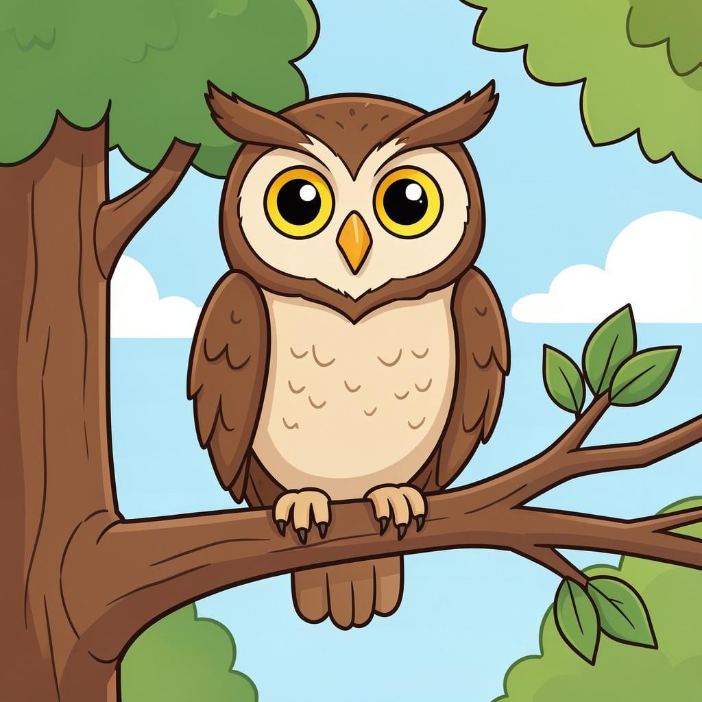 An owl perched on a branch with its eyes wide open, looking around carefully.
