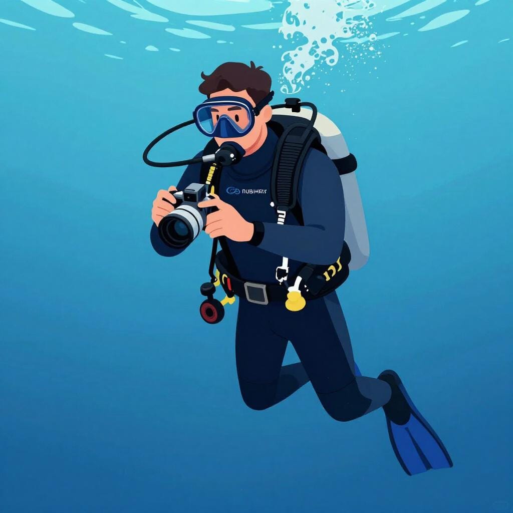 Eine hochwertige Illustration einer Person, die einen spezialisierten Tiefseetaucheranzug trägt und eine professionelle Unterwasserkamera hält.