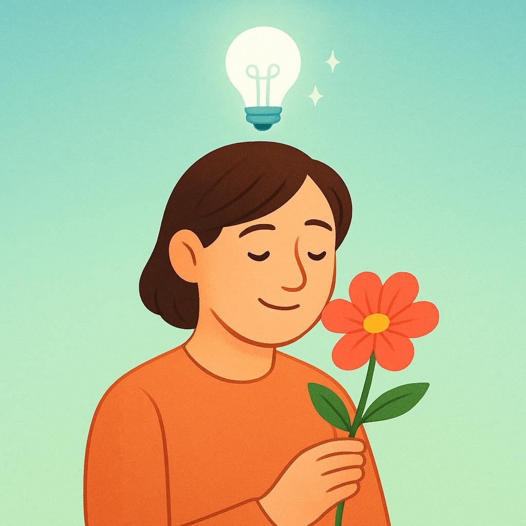 A person looking thoughtfully at a bright flower, with a glowing lightbulb appearing above their head, symbolizing forming an impression.