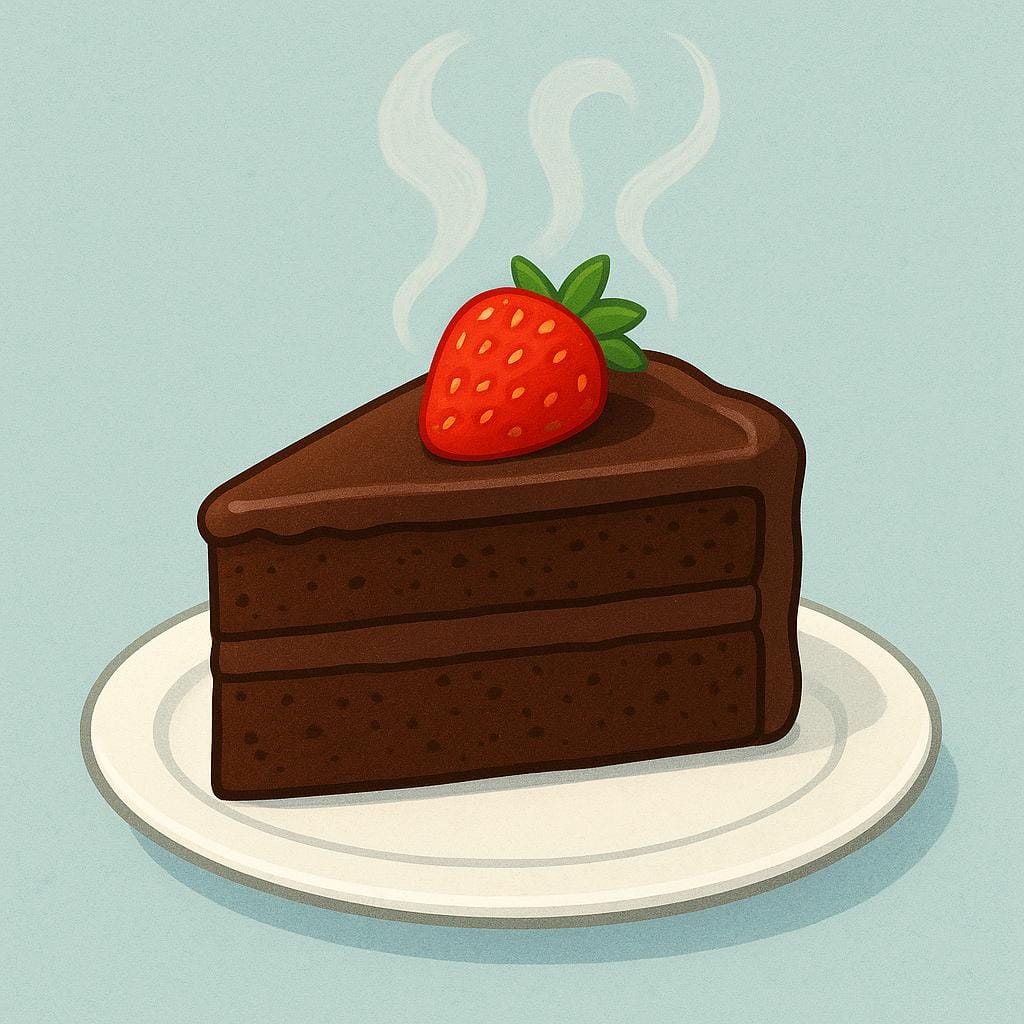 A single slice of rich chocolate cake sitting on a white plate, with steam rising gently and a bright red strawberry garnish.