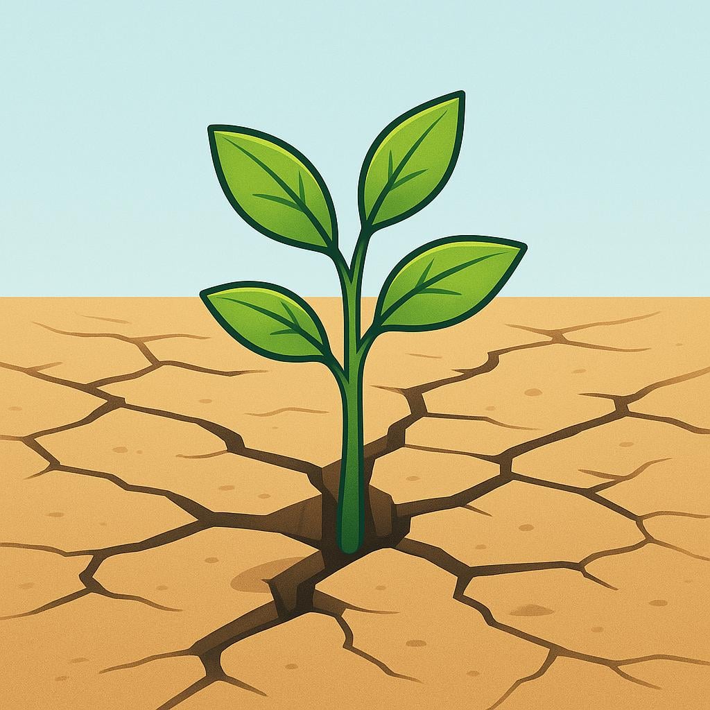 A single, vibrant green sapling pushes up and grows strongly through a large crack in dry, brown, desolate earth, illustrating resilience and continued existence.
