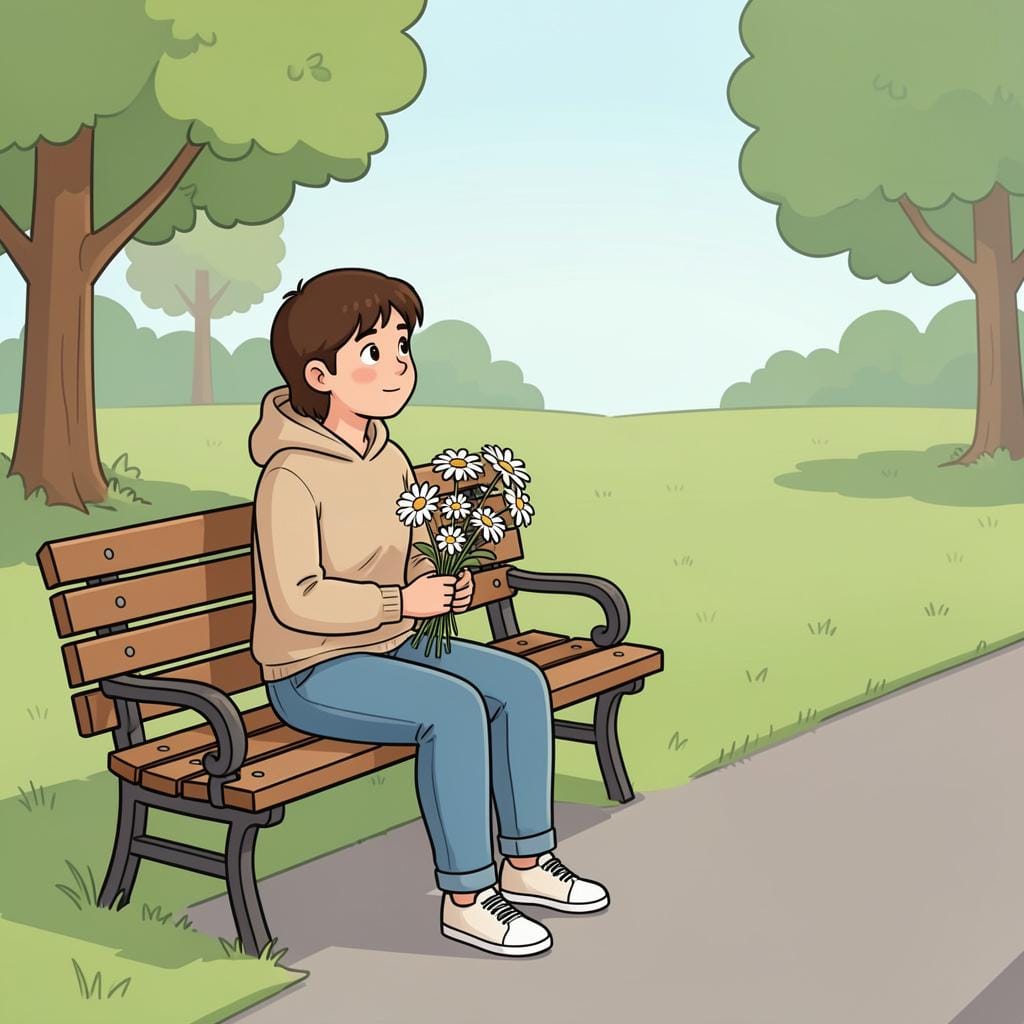 Una persona seduta su una panchina del parco, che guarda un sentiero con un'espressione speranzosa e un piccolo mazzo di fiori.