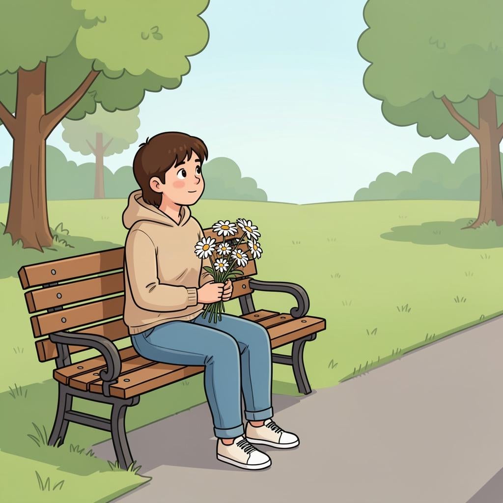 A person sitting on a park bench, looking down a path with a hopeful expression and a small bouquet of flowers.