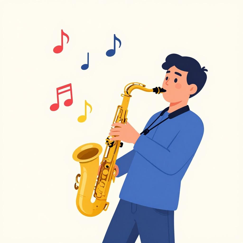 A musician playing a saxophone with musical notes floating around in a creative, freeform way.