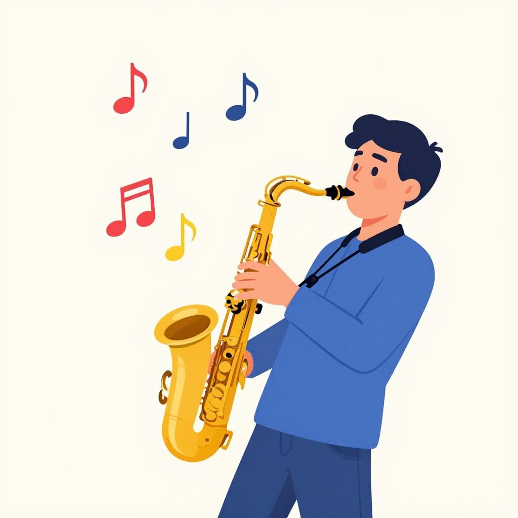 創造的で自由な雰囲気の中、楽譜の音符が漂う中、サックスを演奏するミュージシャンの姿。