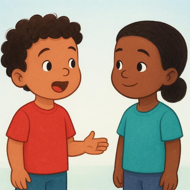 Een kleurrijke illustratie die een kind laat zien dat spreekt terwijl een ander kind aandachtig luistert, wat de handeling van het antwoorden illustreert.