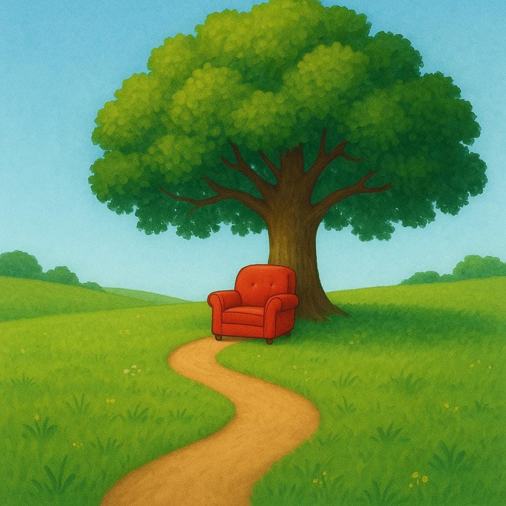 A long, winding path through a meadow leads directly and unmistakably to a single, comfortable armchair placed beneath a large oak tree.