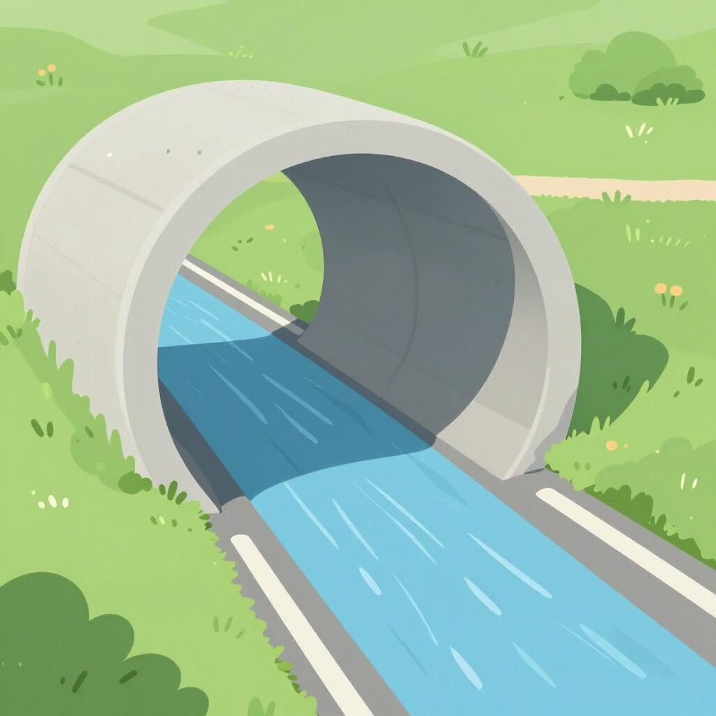 L'apertura di un grande tubo di cemento sotto una strada erbosa con un piccolo ruscello che scorre attraverso di esso.