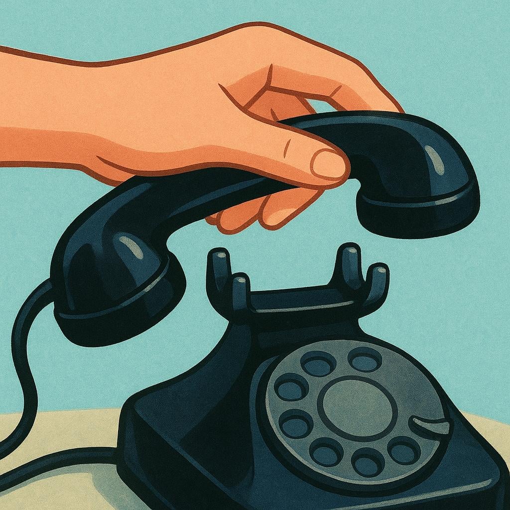 A person's hand is shown placing the receiver back onto a black rotary phone, ending the call.