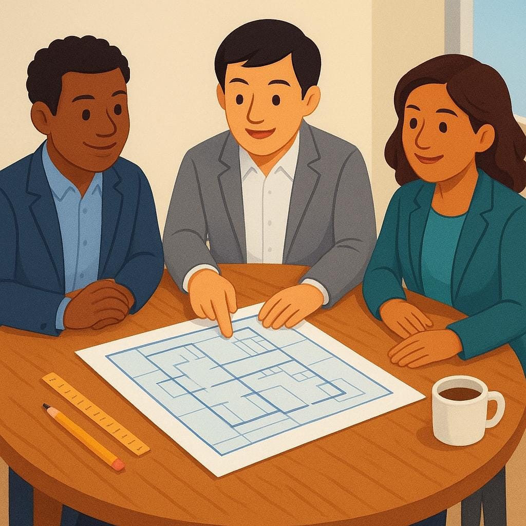 A storybook illustration showing three diverse individuals in professional attire sitting around a large wooden table. One figure points confidently at a central blueprint spread across the table, illustrating their role as key players.