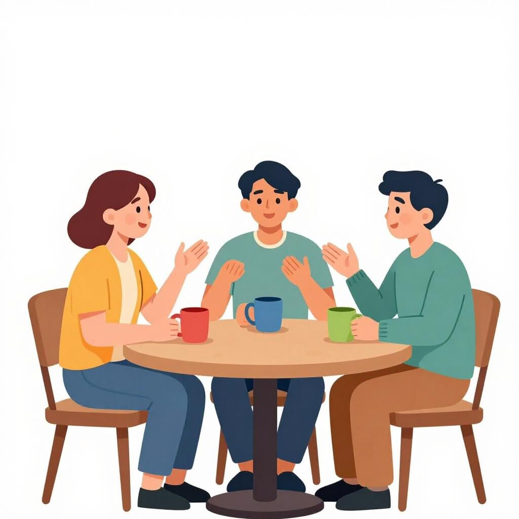 Trois amis assis autour d'une petite table avec des tasses à café, engagés dans une conversation animée.