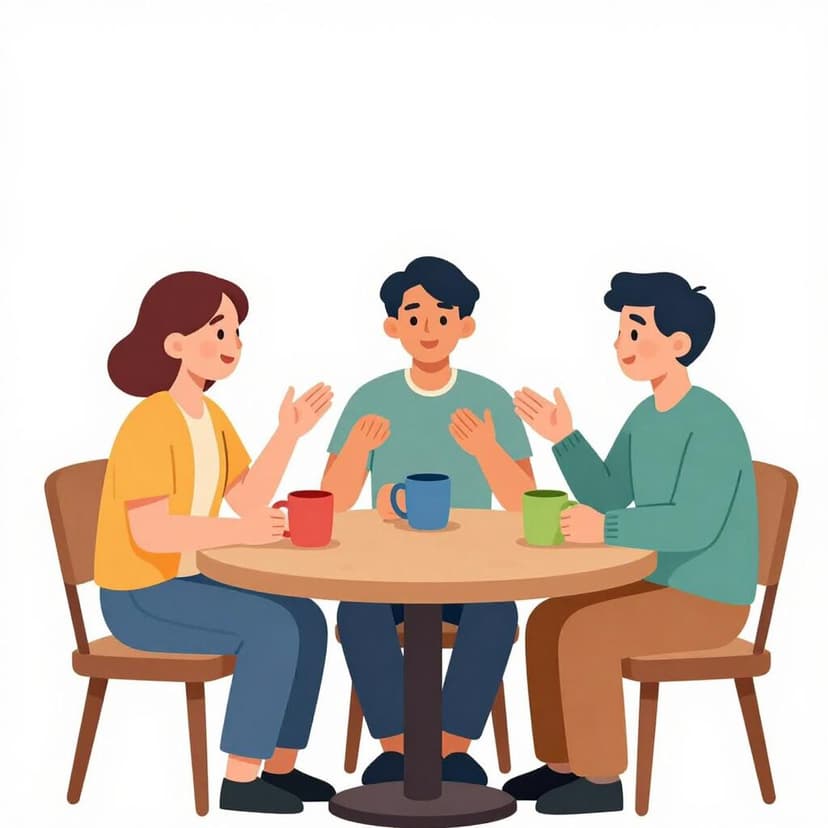 Trois amis assis autour d'une petite table avec des tasses à café, engagés dans une conversation animée.