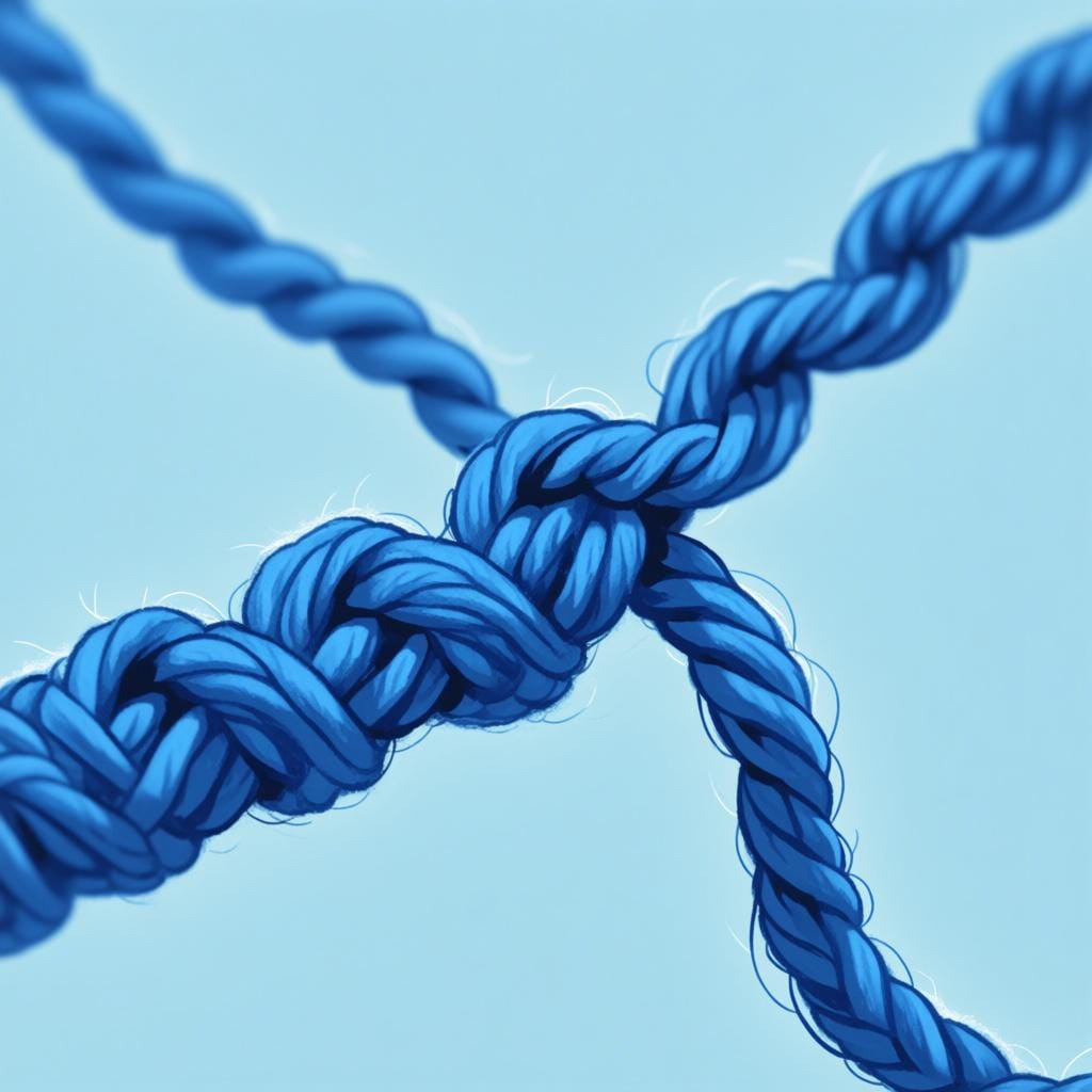 A close-up, highly detailed view of simple blue yarn being knitted, focusing on the distinct, interlocking loops that form a single stitch.