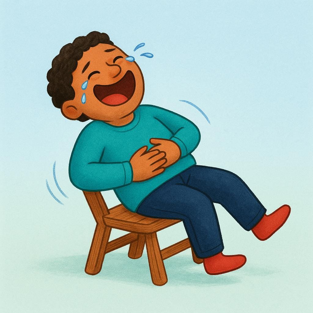 A person sitting down and laughing so hard they are holding their stomach and leaning back dramatically.