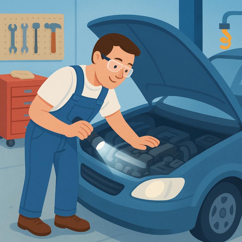 A mechanic wearing blue overalls using a flashlight to carefully inspect the engine bay of a car lifted slightly off the ground in a garage setting.