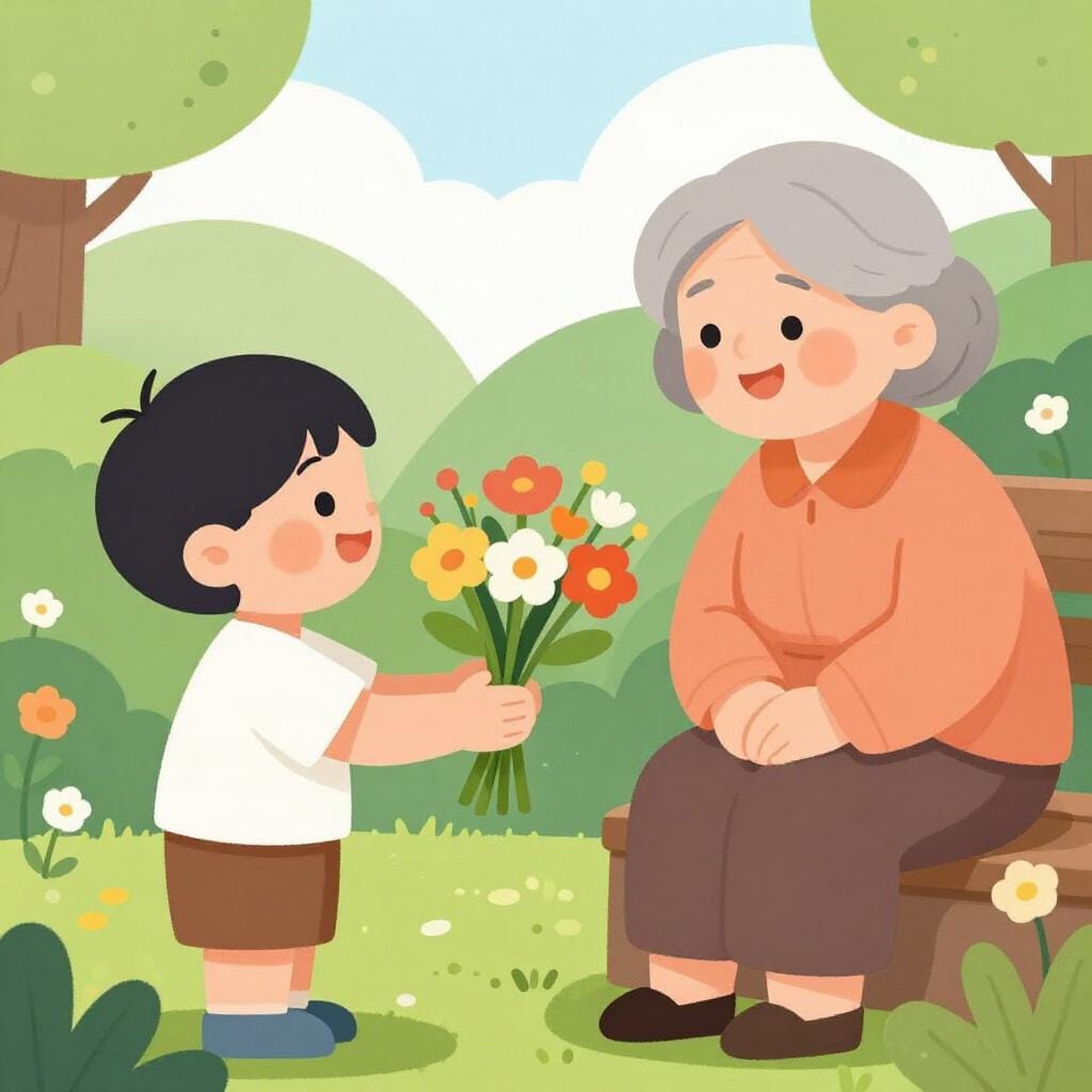 A child handing a colorful bouquet of flowers to an elderly person as promised.