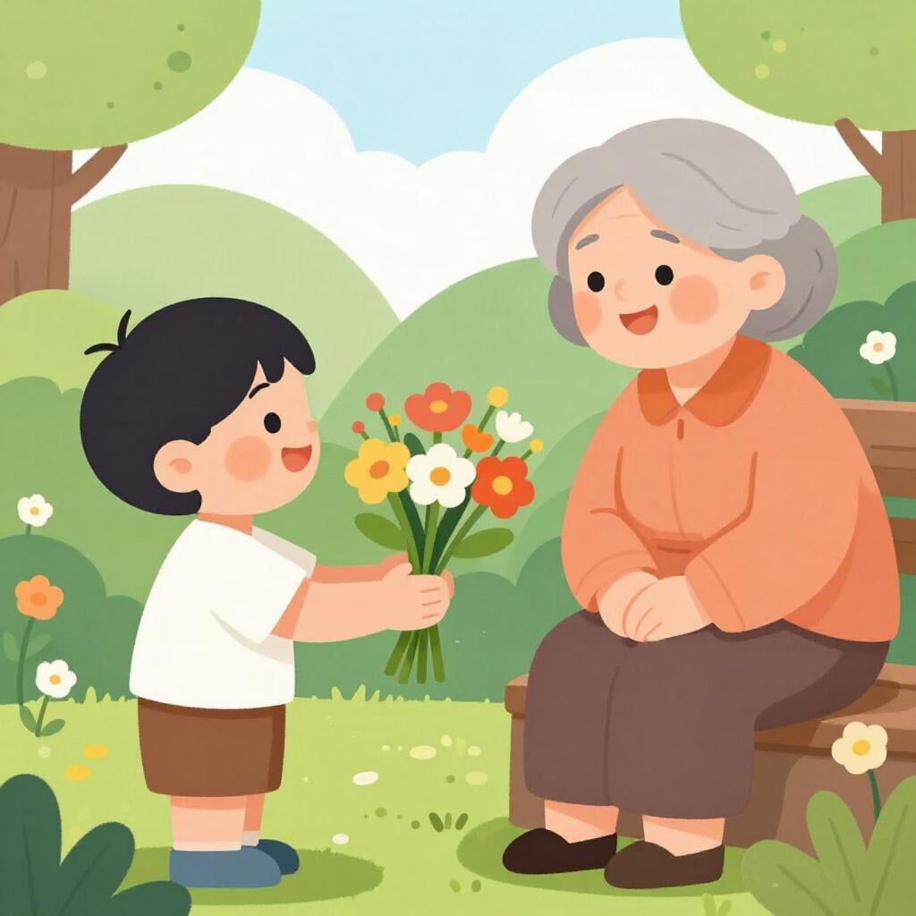 A child handing a colorful bouquet of flowers to an elderly person as promised.
