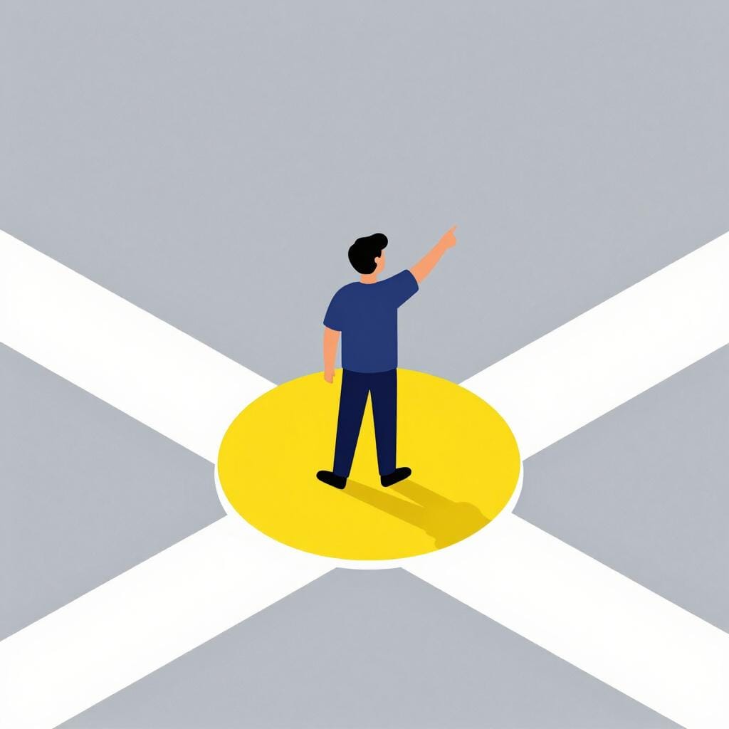 Une personne se tenant fermement sur un cercle jaune vif à une bifurcation, pointant de manière décisive dans une direction.