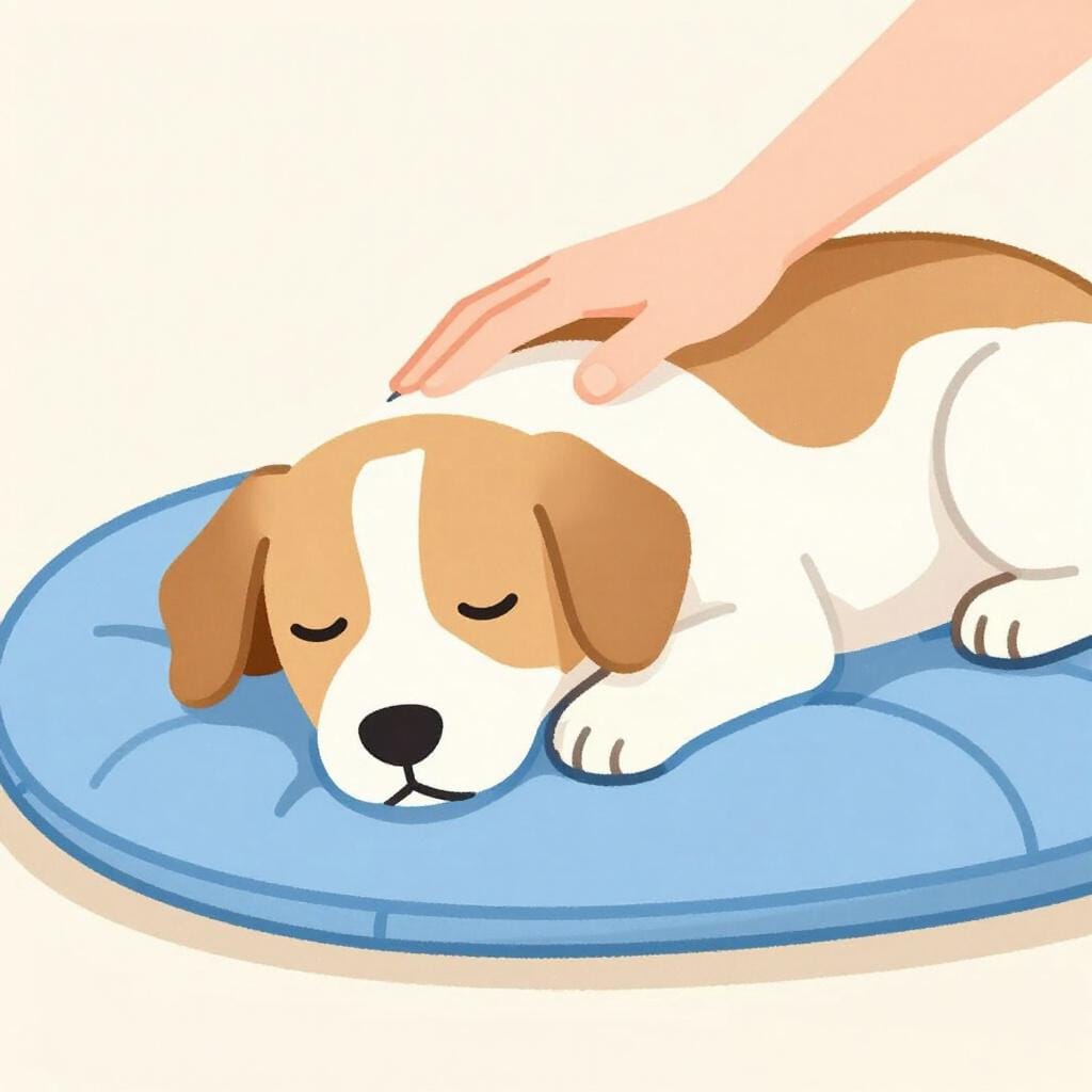 Um veterinário confortando gentilmente um cão adormecido em um cobertor azul macio.