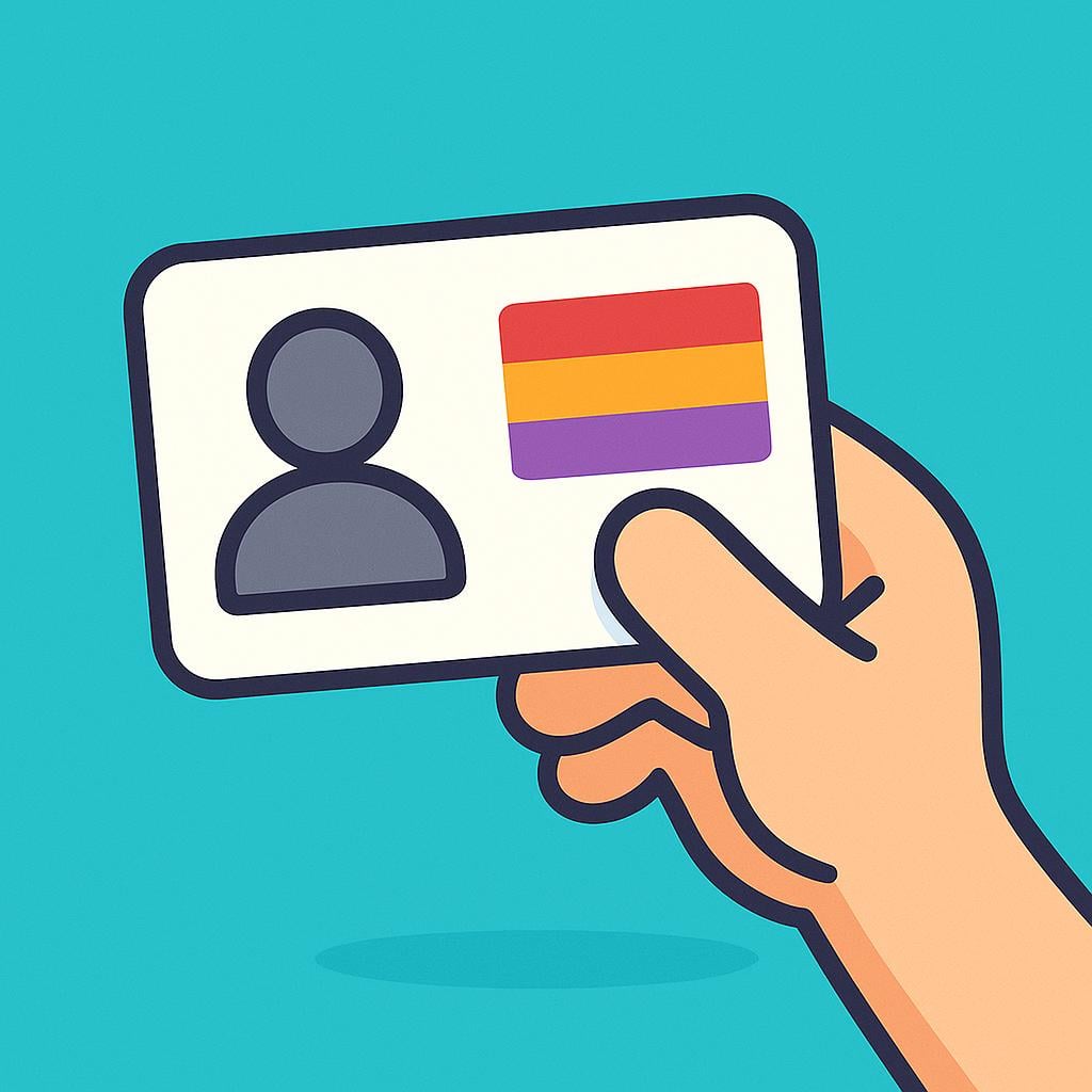 A cartoon hand holding up a brightly colored, generic identification card that features a simplified portrait silhouette, representing an ID document.