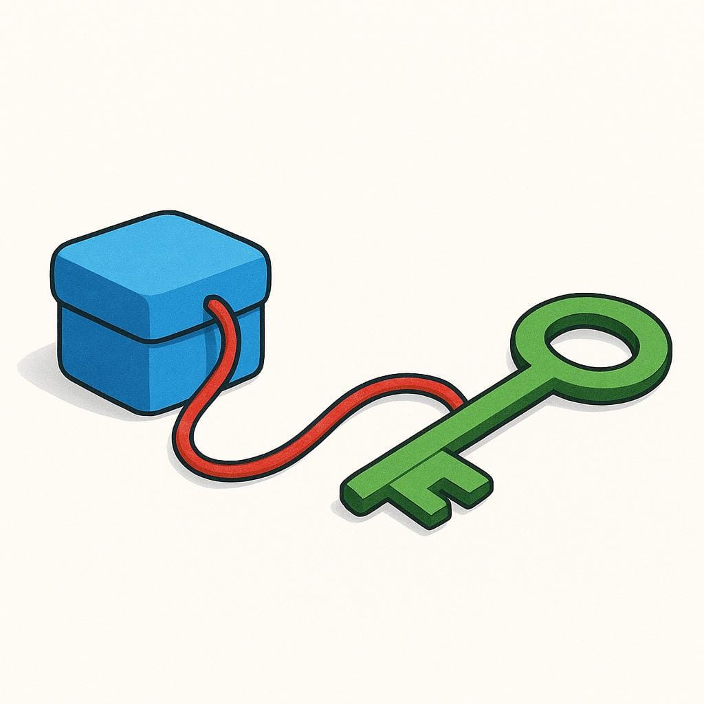 A small blue gift box sits near a large green key. A thick, curving red thread connects the blue box directly to the green key, symbolizing that one object concerns or relates to the other.