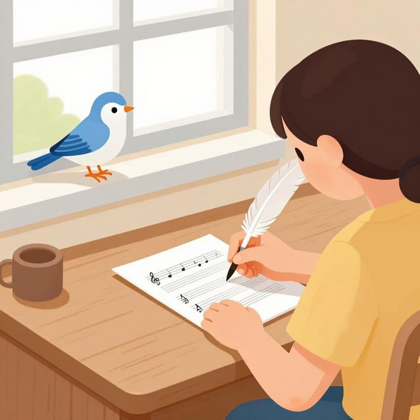 A person sitting at a desk writing musical notes on a sheet of paper with a quill pen.