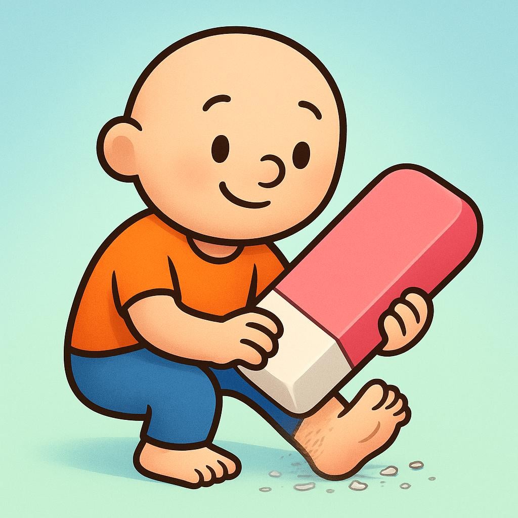 A cartoon figure using a large pink eraser to erase its own legs.
