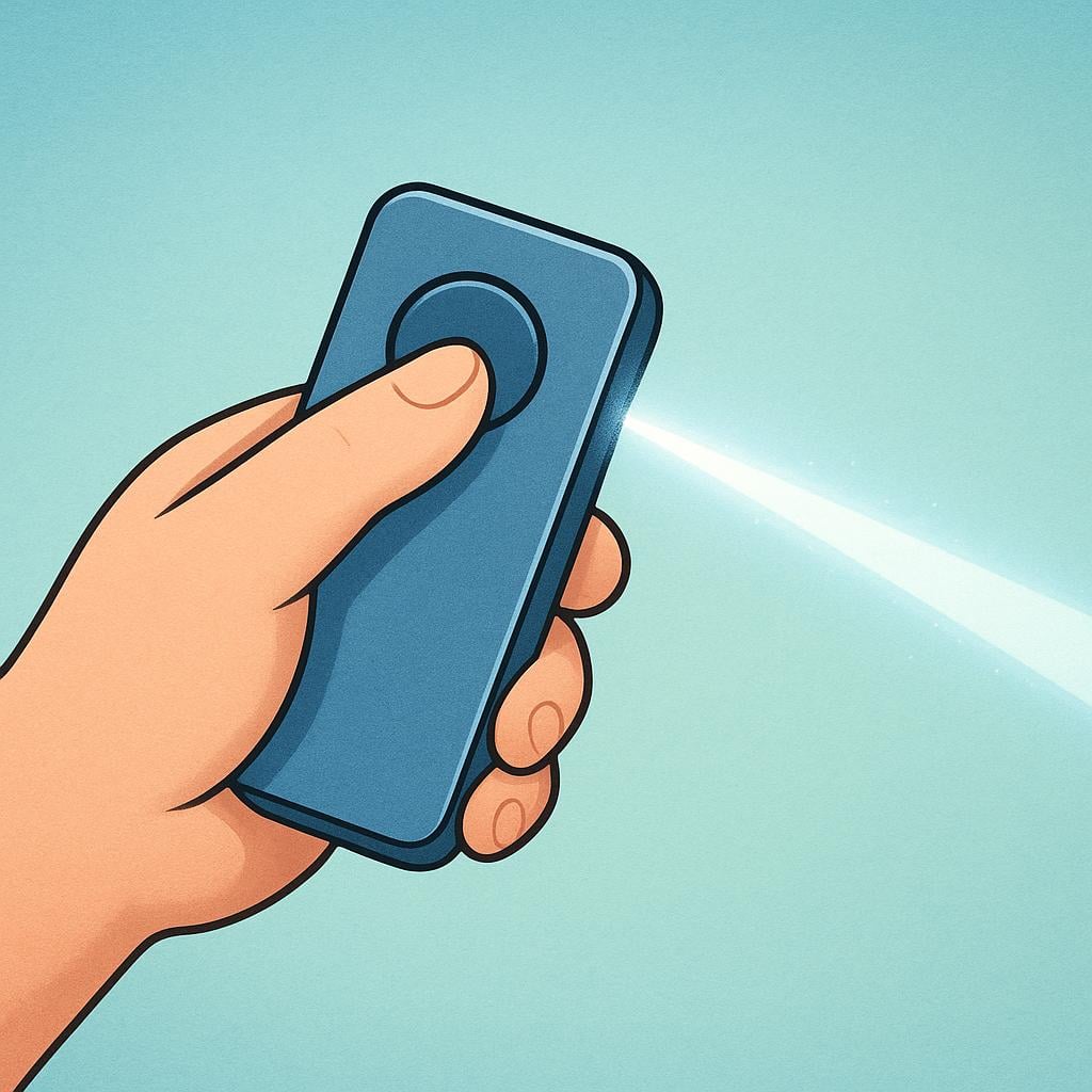 A human hand holds a simple remote control device, with a finger pressing a button that emits a bright, thin beam of light, symbolizing technical control from a distance.