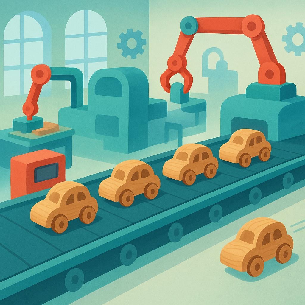 A colorful illustration of a conveyor belt in a simple factory setting where identical wooden toys are being actively assembled and moved along the belt.
