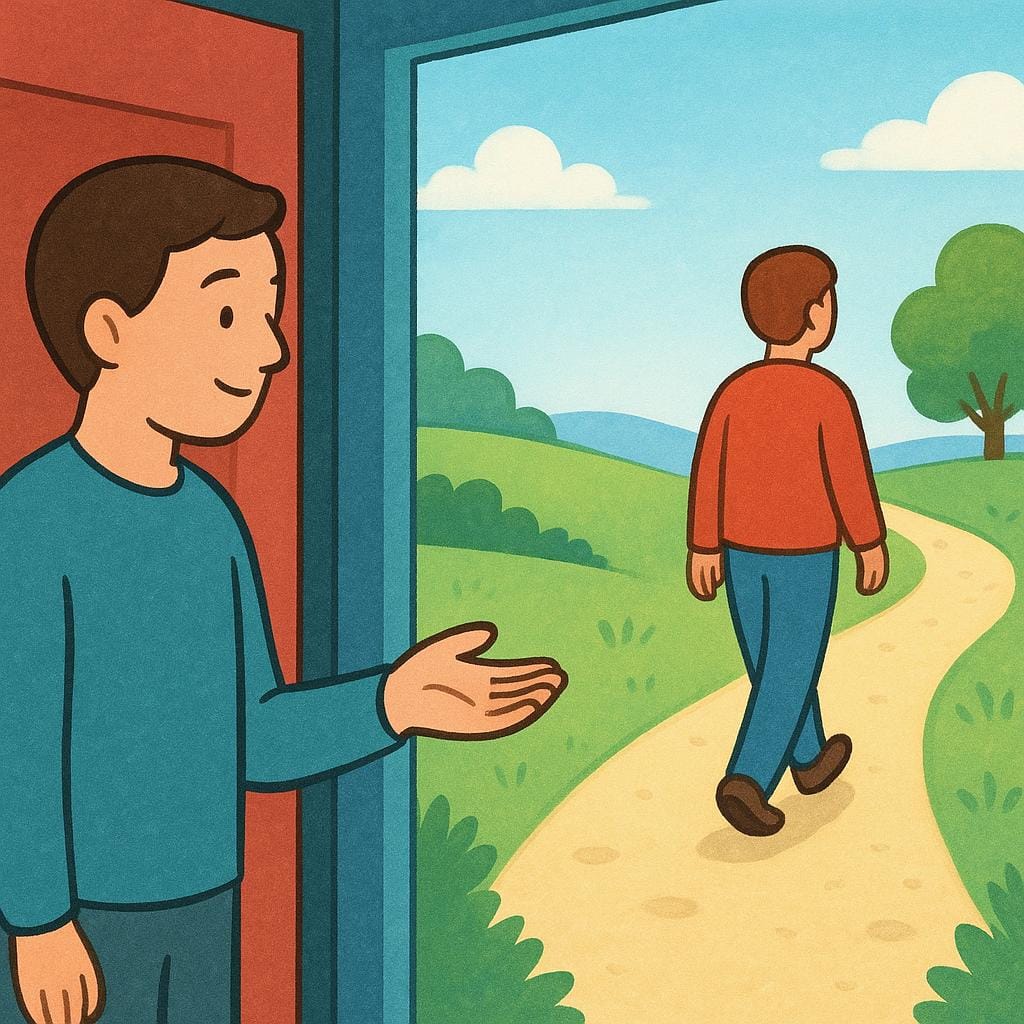 A friendly person standing in a doorway, making a gentle, inviting hand gesture toward another figure walking away on a path, indicating they should return.