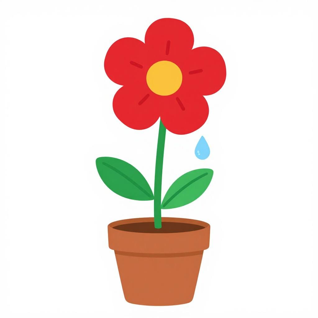 Une goutte d'eau tombant sur une petite plante en pot, la faisant fleurir avec une fleur rouge vif.