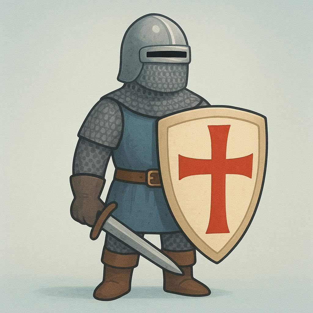 A simplified illustration of a medieval knight wearing a helmet and chainmail, standing upright and holding a shield marked with a large red cross.