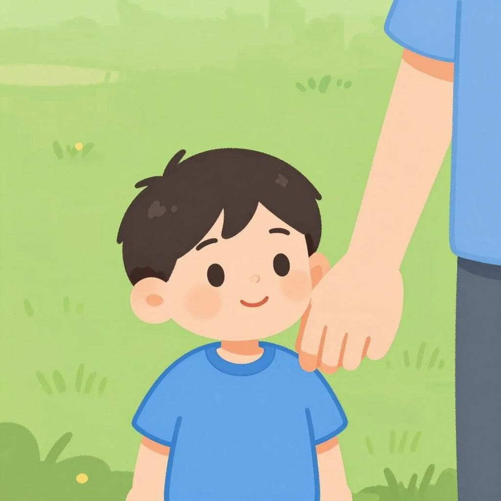 Een kleine jongen met een blije uitdrukking, staand naast de hand van een langere volwassene.