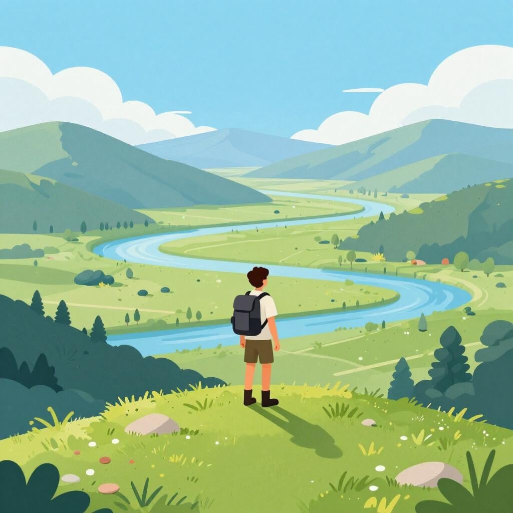 Um viajante com uma mochila em pé numa colina verde, olhando para um vasto vale intocado com um rio sinuoso.