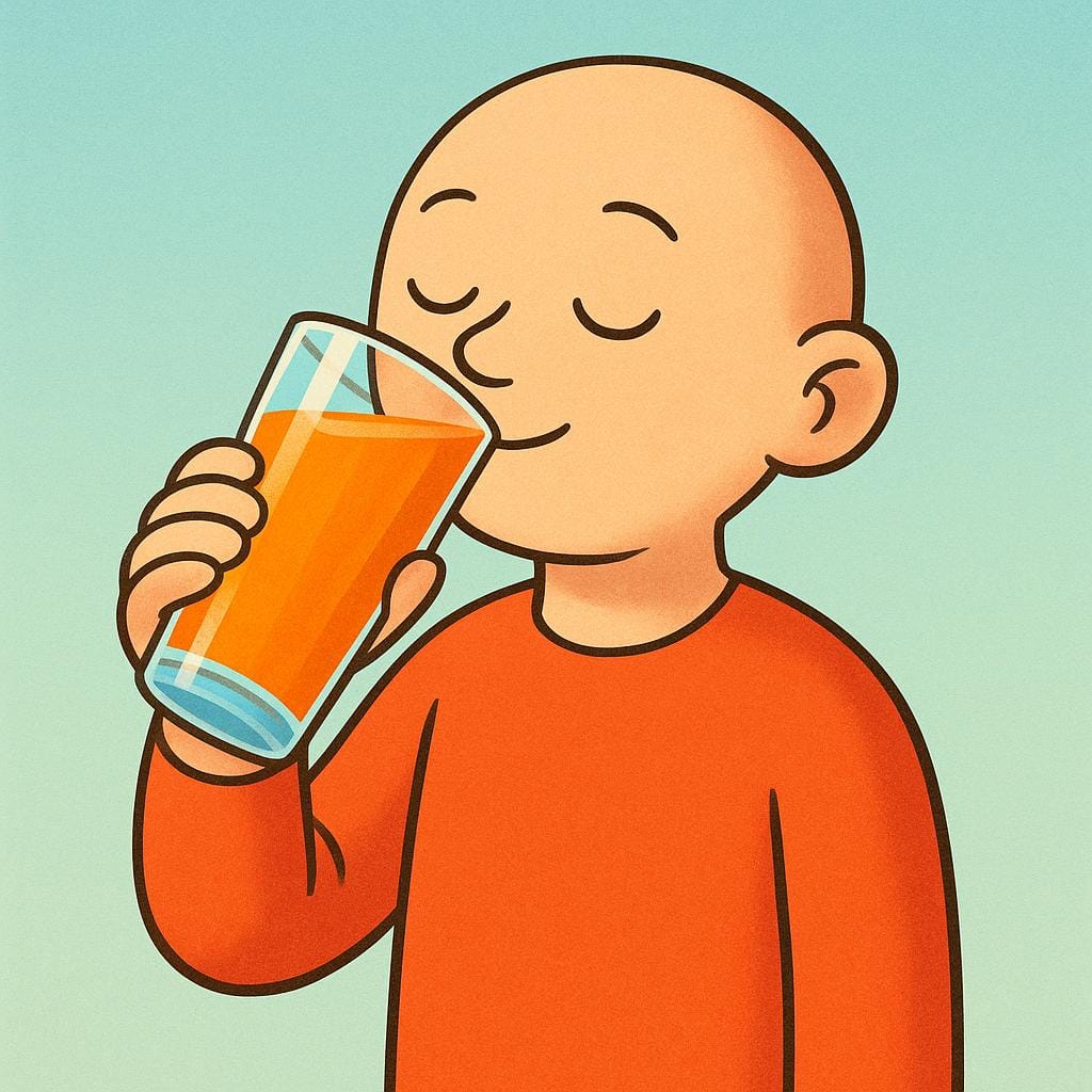 A simple storybook illustration of a cheerful person drinking from a clear glass filled with orange juice.