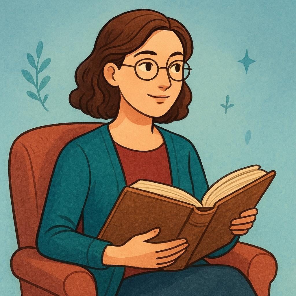 A storybook illustration of a thoughtful woman holding an open book, symbolizing great perception and cleverness.